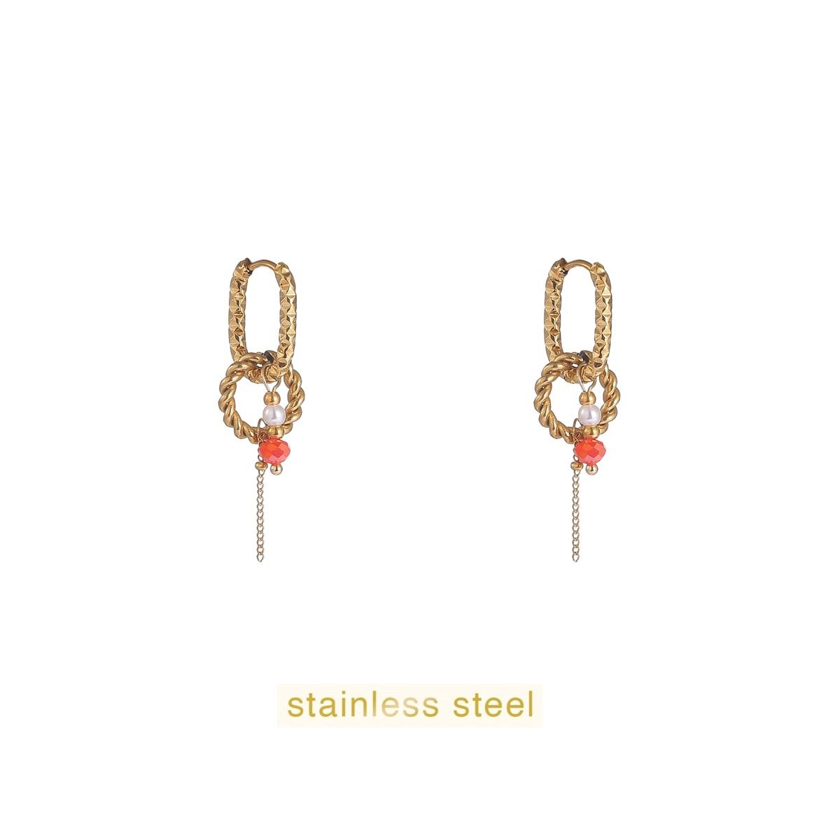 Round + Stone Hoop - Gold / Coral