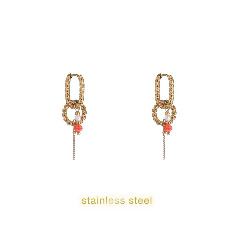 Round + Stone Hoop - Gold / Coral