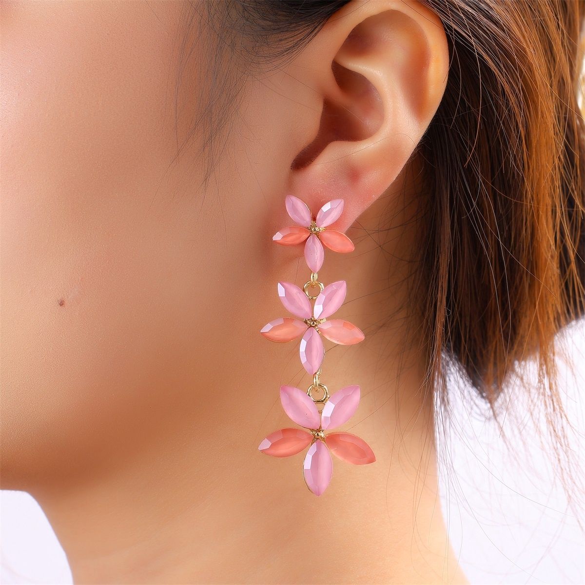 3 Flower Dangle - Pink / Gold