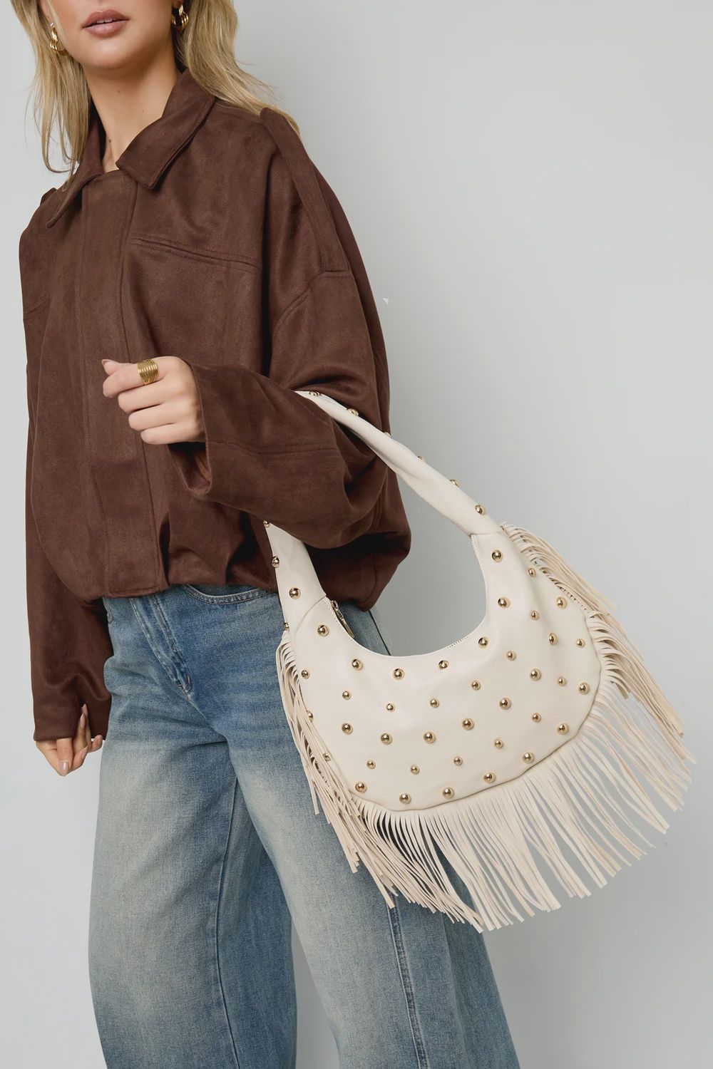 Studded Hand Bag - Creme