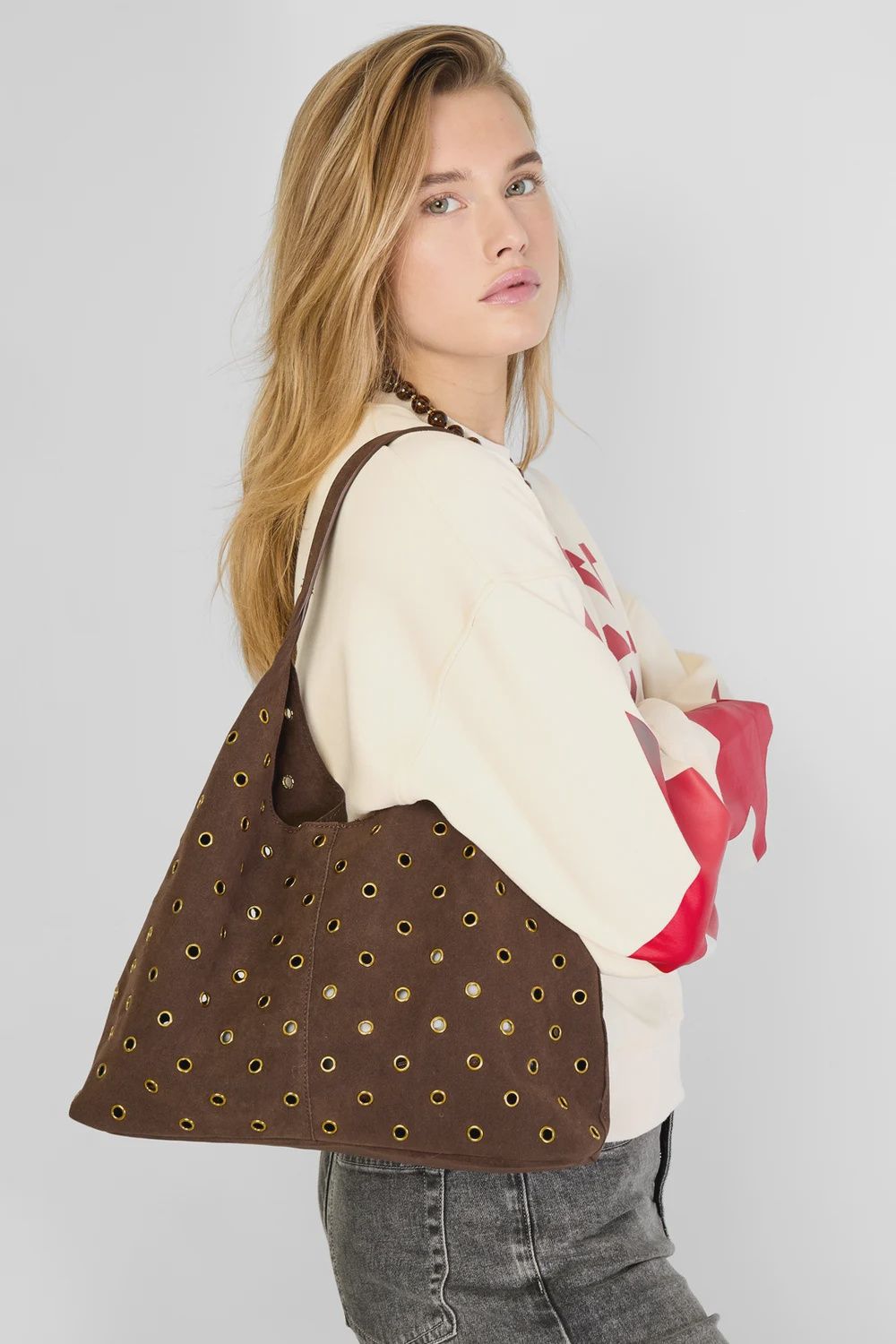 Schoudertas Gouden Studs - Bruin