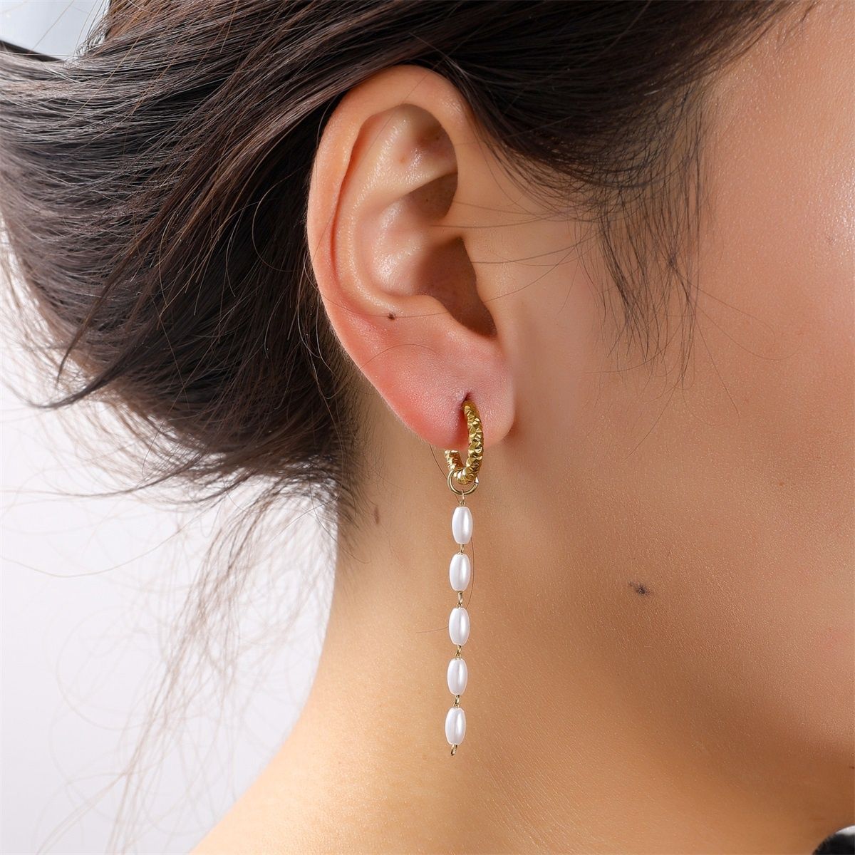 Long Pearl Hoop - Gold