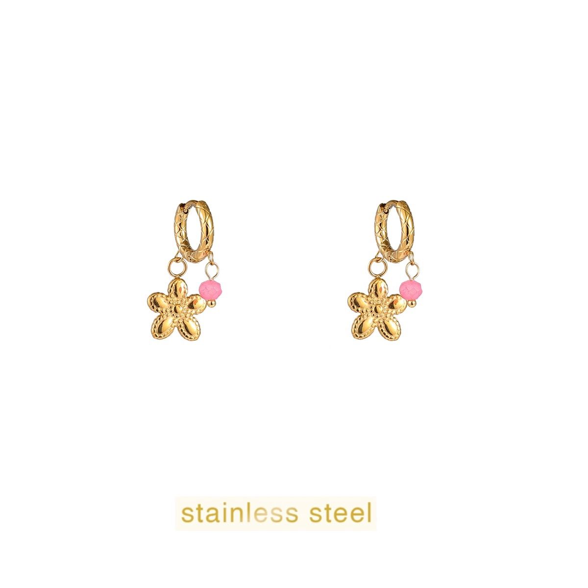 Small Stone + Flower Hoop - Gold / Pink