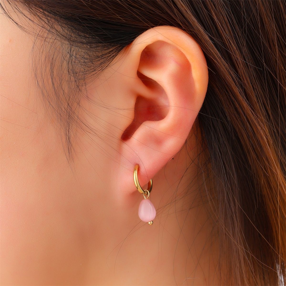 Drop Stone Hoop - Gold + Pink
