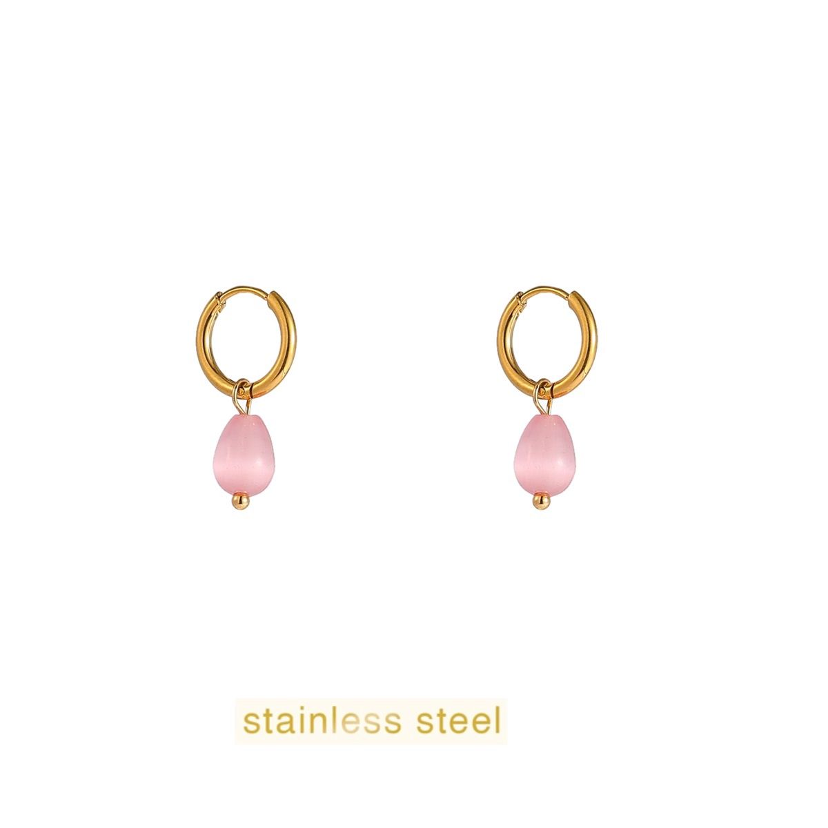 Drop Stone Hoop - Gold + Pink