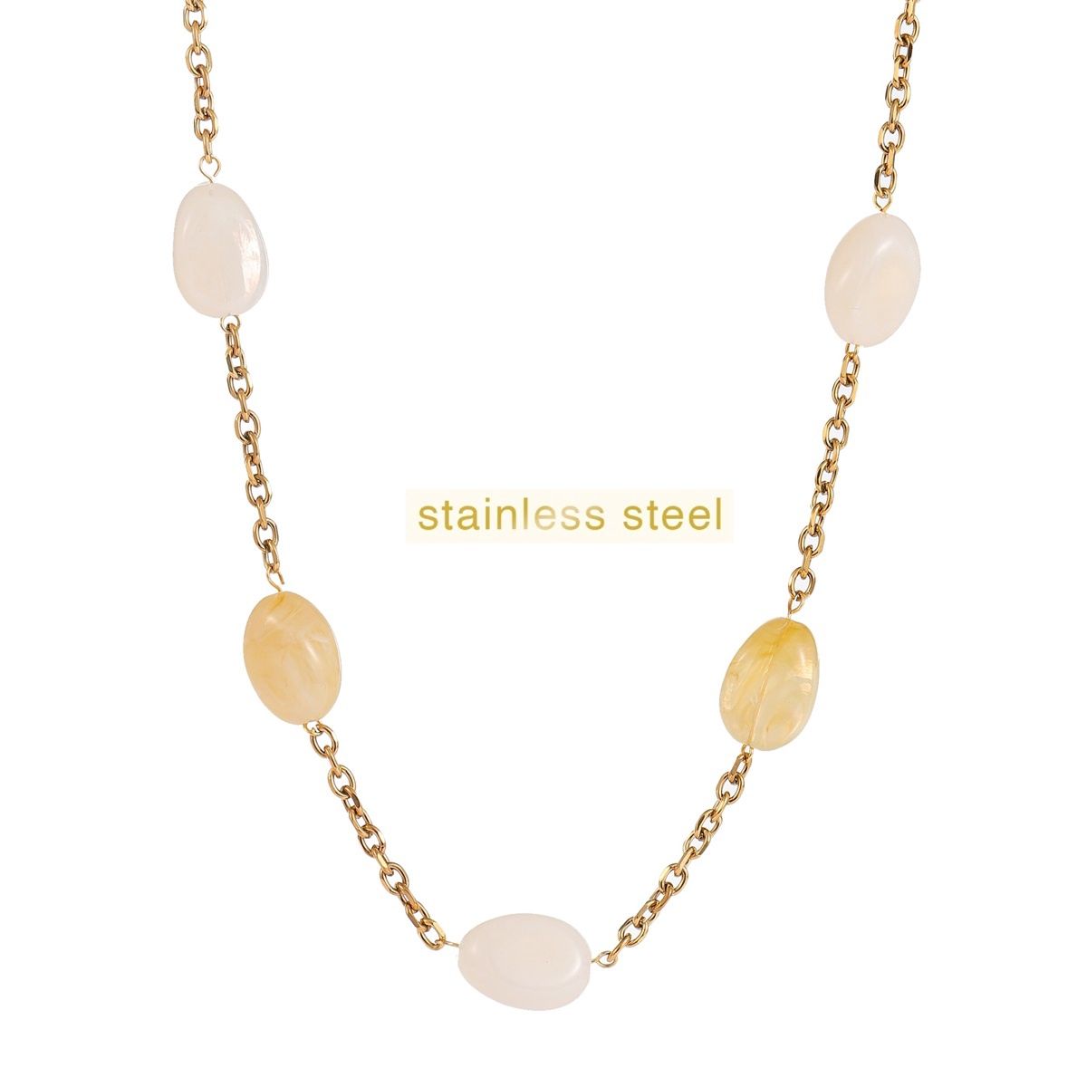 Long Stone Link Necklace - Gold / Cream