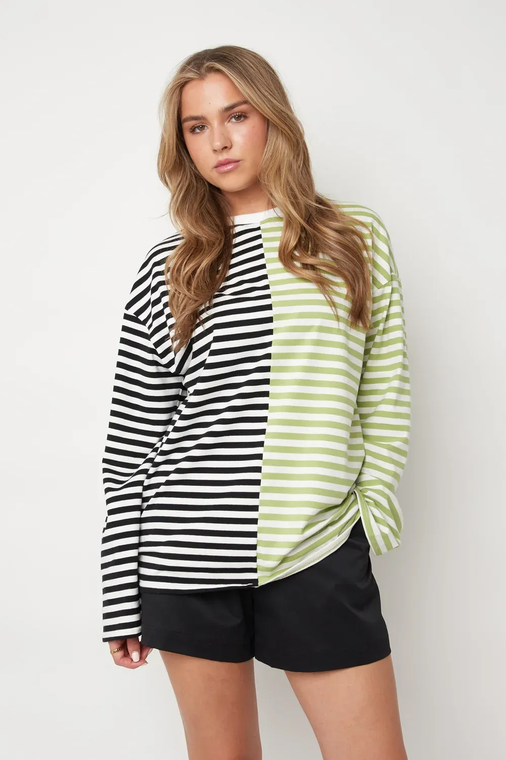Longsleeve Blocked Stripe - Zwart / Groen, Maat: S