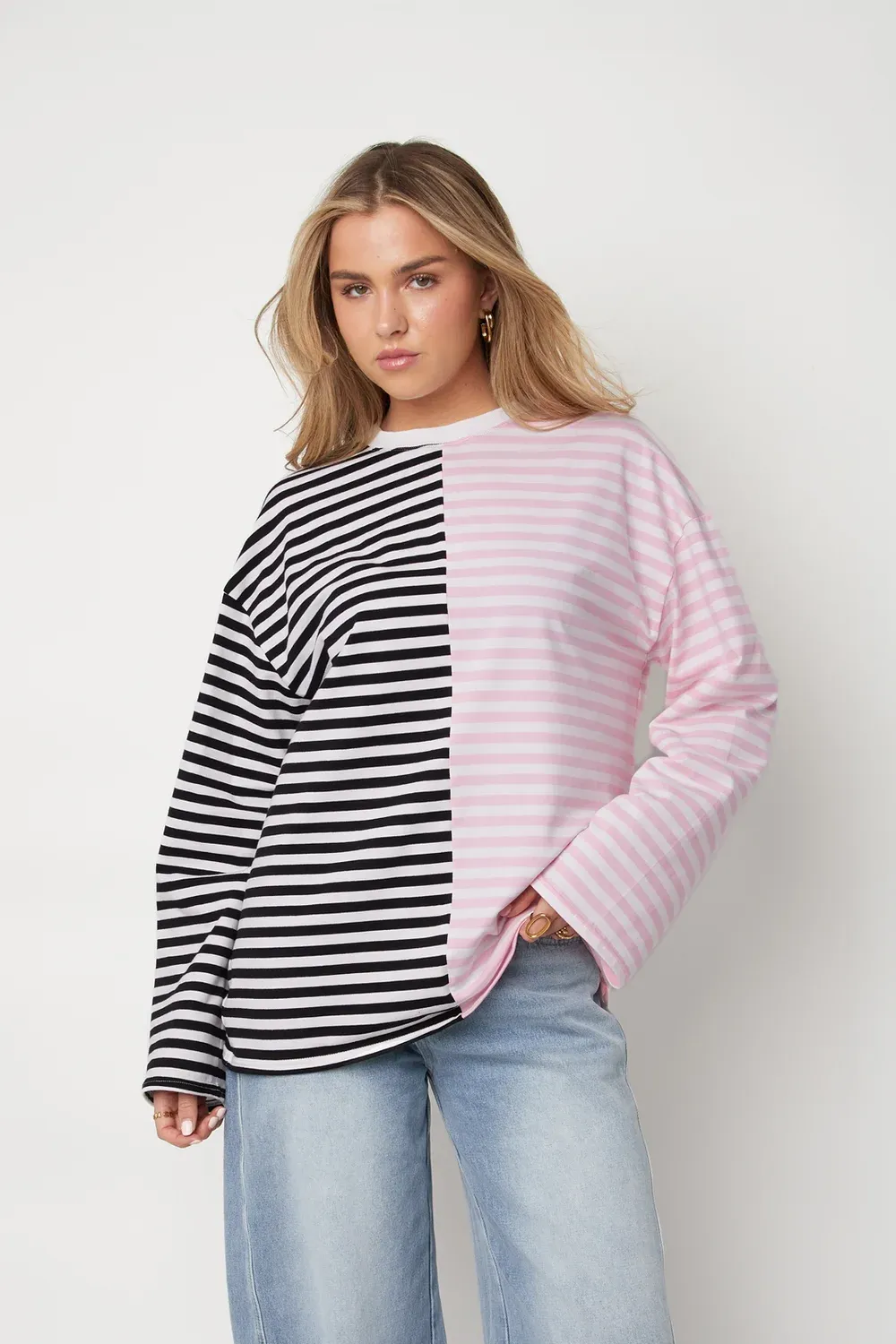 Longsleeve Blocked Stripe - Zwart / Roze, Maat: S