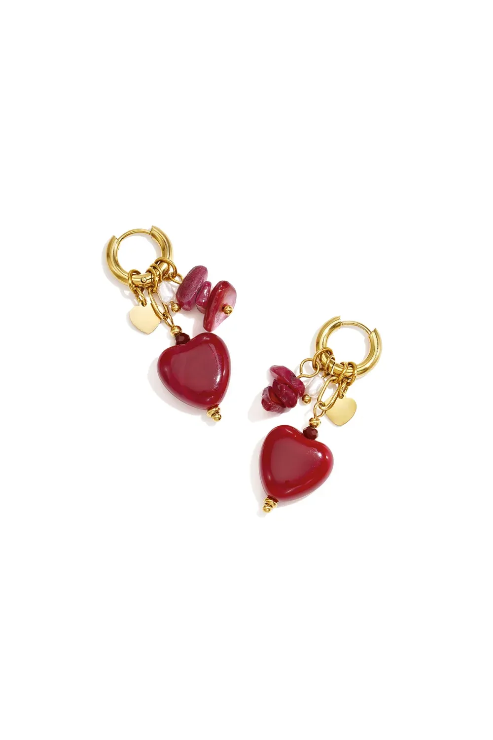 Beads Hoop Wine Red Heart - Gold