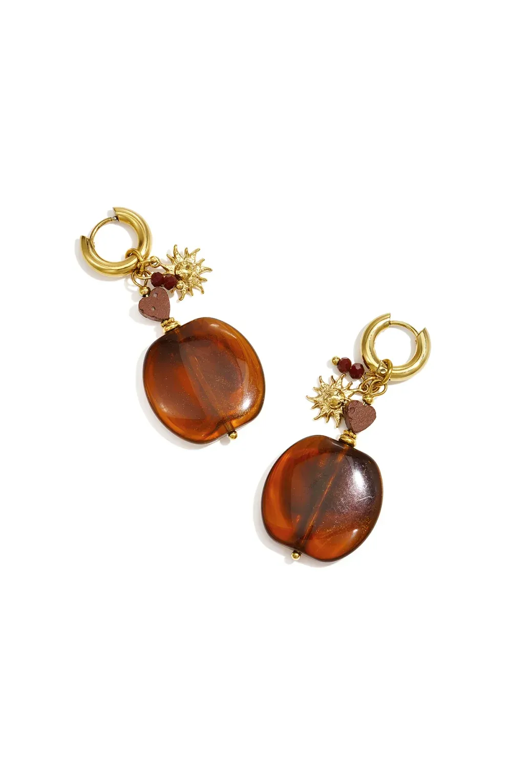 Beads Hoop Big Brown Stone - Gold