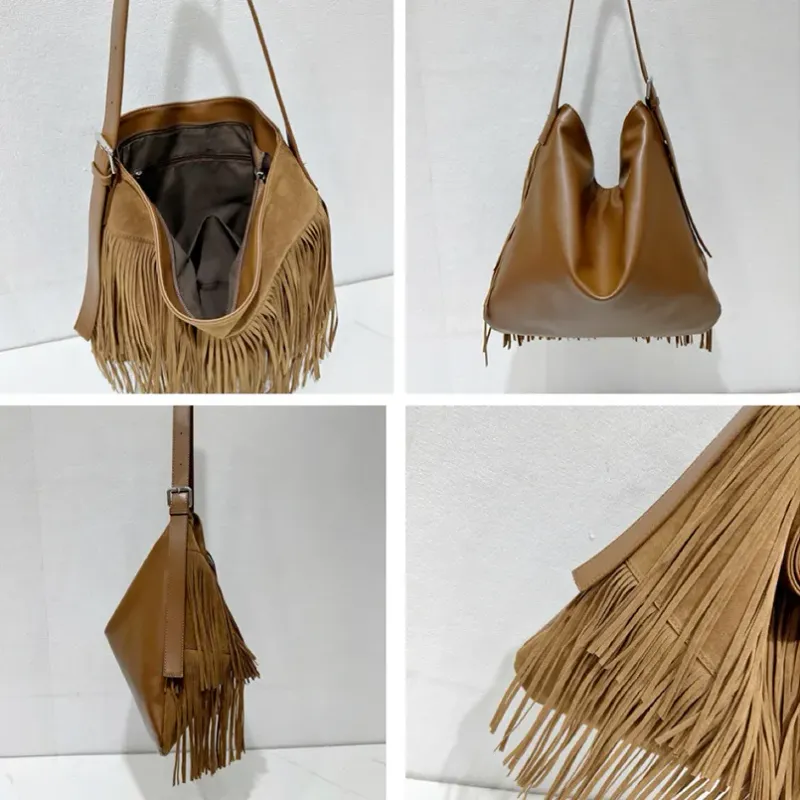 Shoulder Bag with Fringes - Camel