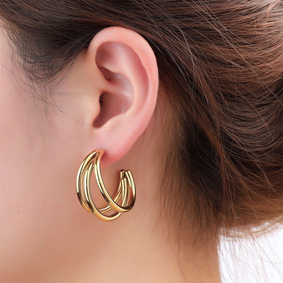 Fine 3 Lines Hoop - 30mm - Gold
