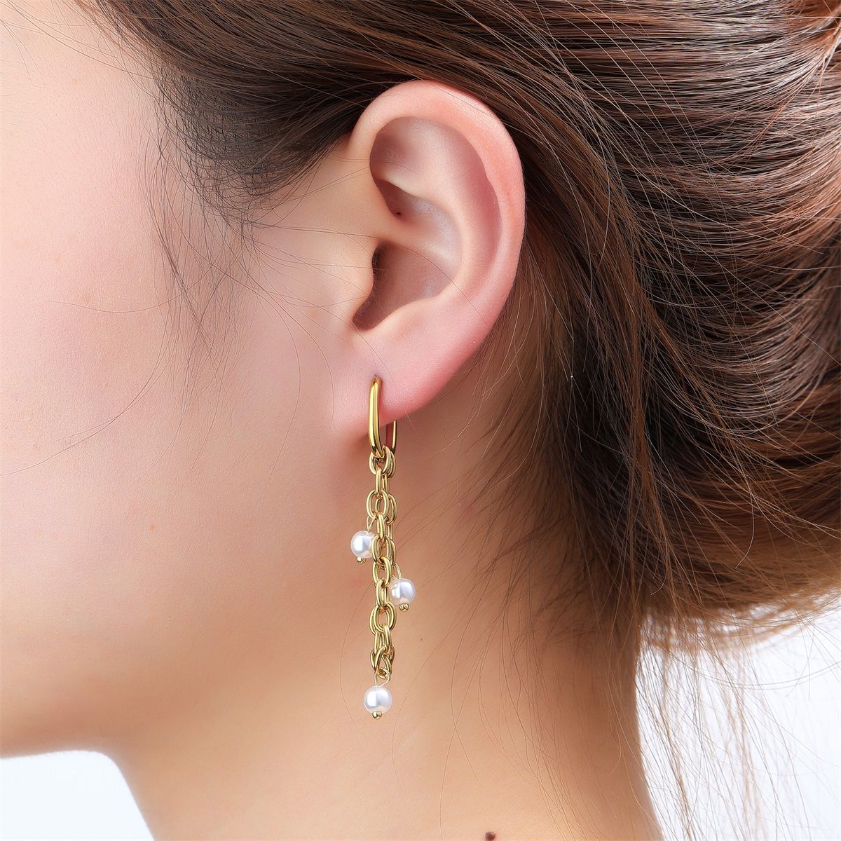 Pearl Chain Hoop - Gold