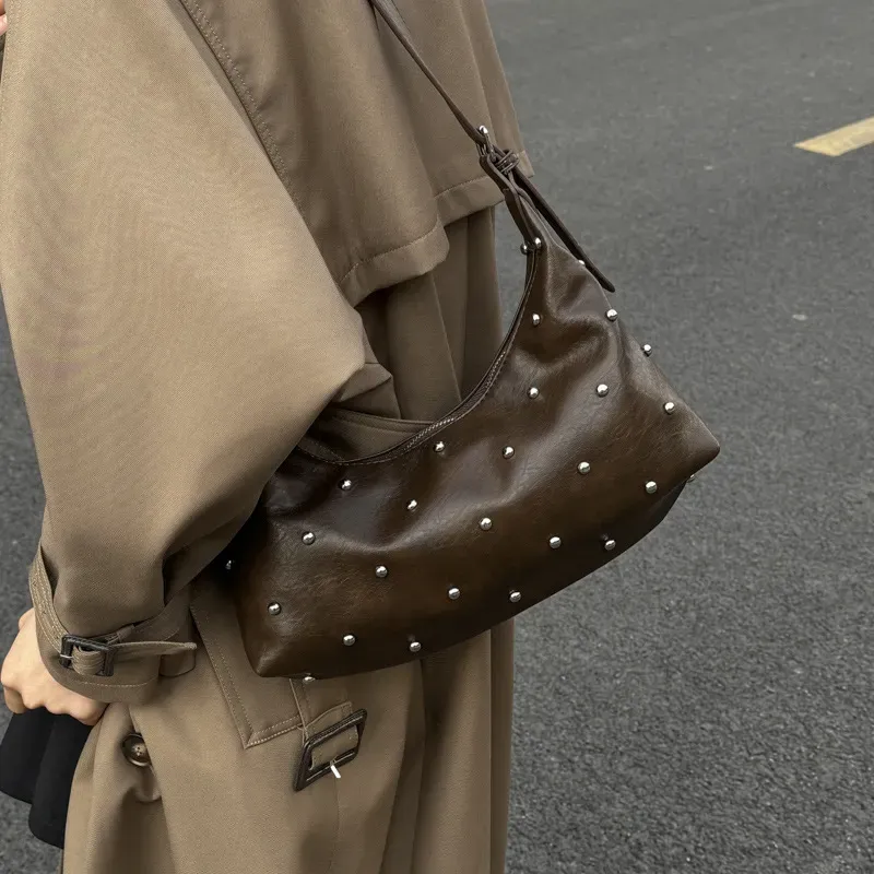 Studded Handbag Silver - Dark Coffee