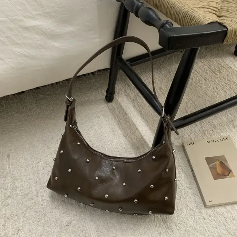 Studded Handbag Silver - Dark Coffee