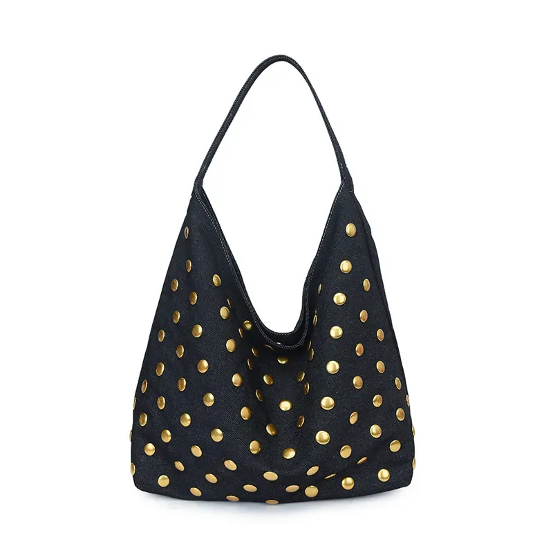 Big Studded Black Bag - Gold Studs
