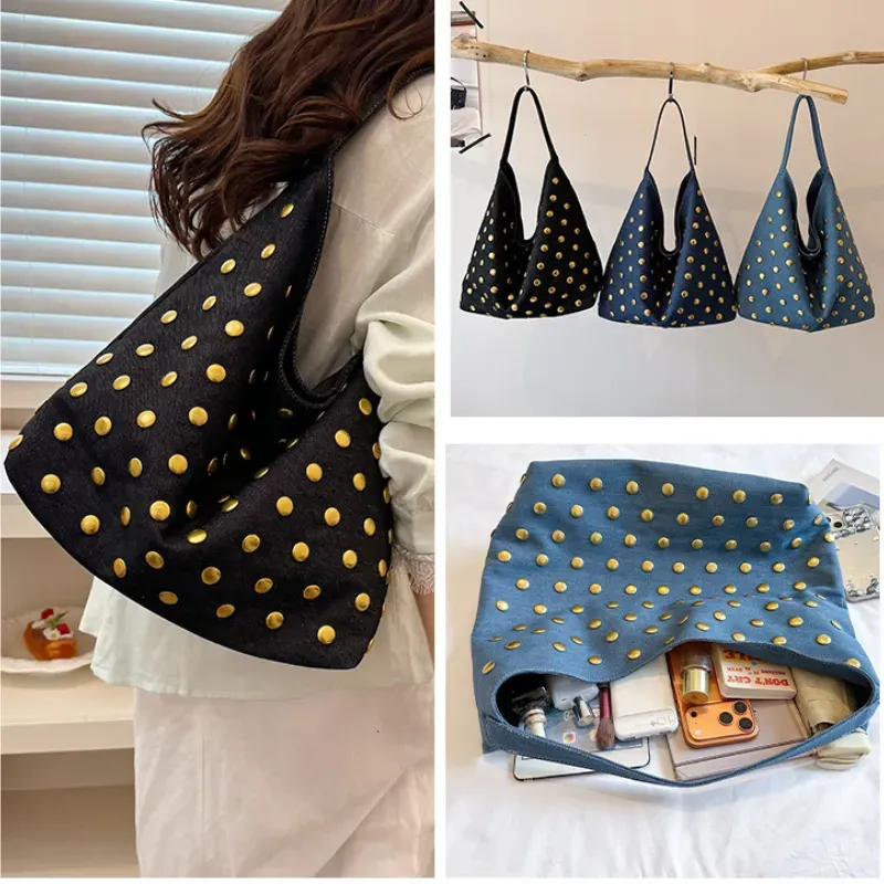 Big Studded Black Bag - Gold Studs