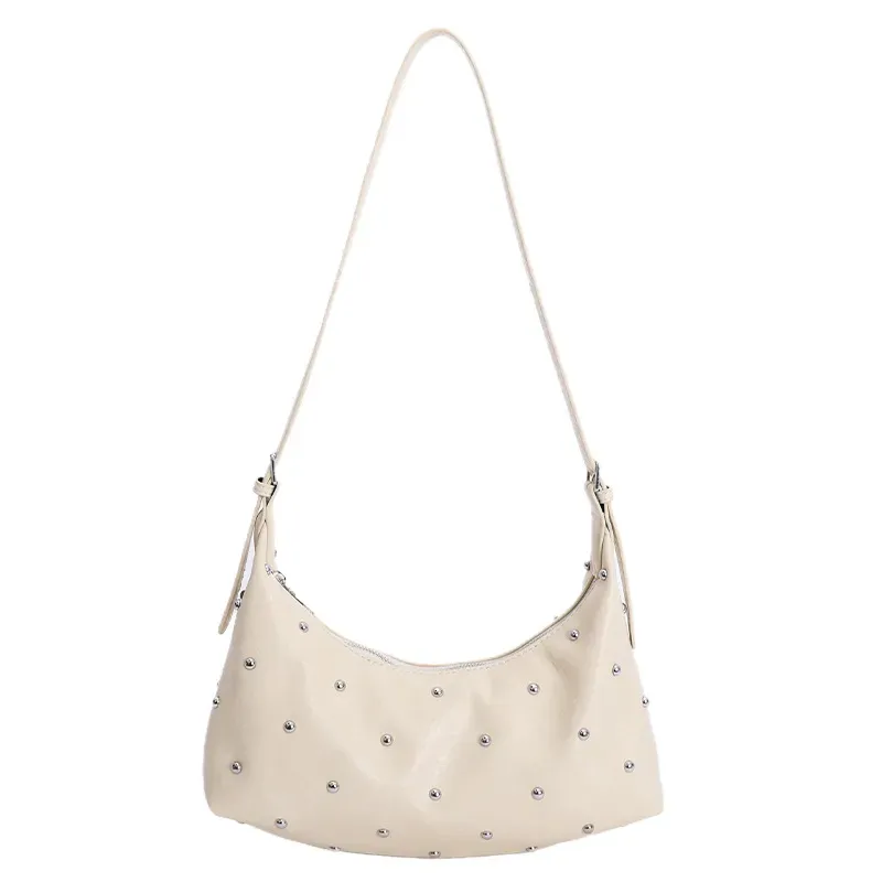 Studded Handbag - Creme / Silver Studs