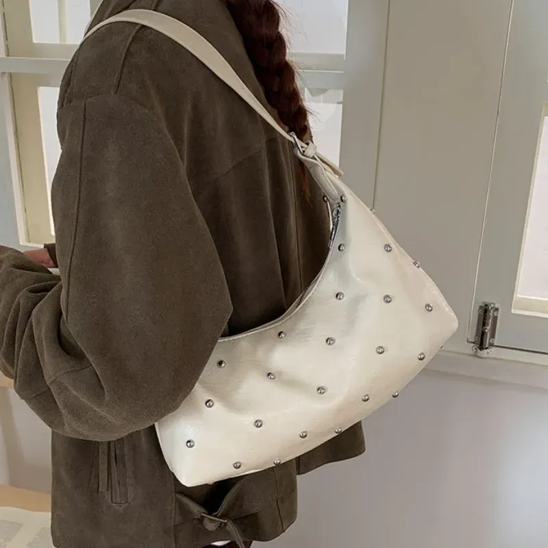 Studded Handbag - Creme / Silver Studs