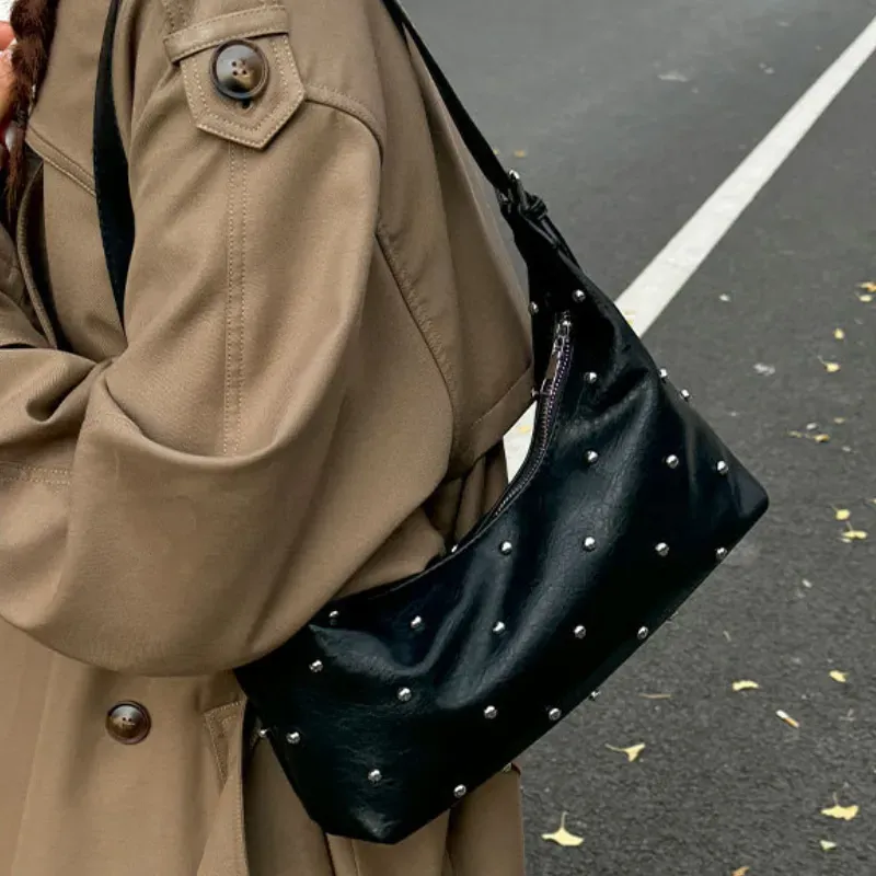 Studded Handbag - Black / Silver Studs
