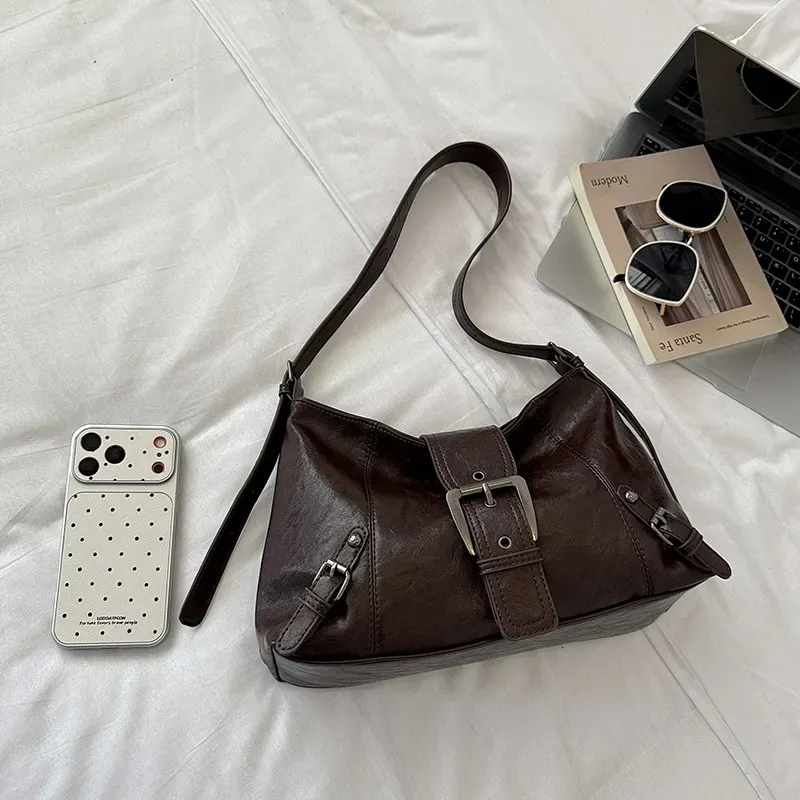 Shoulder Bag with Buckle - Coffee Brown