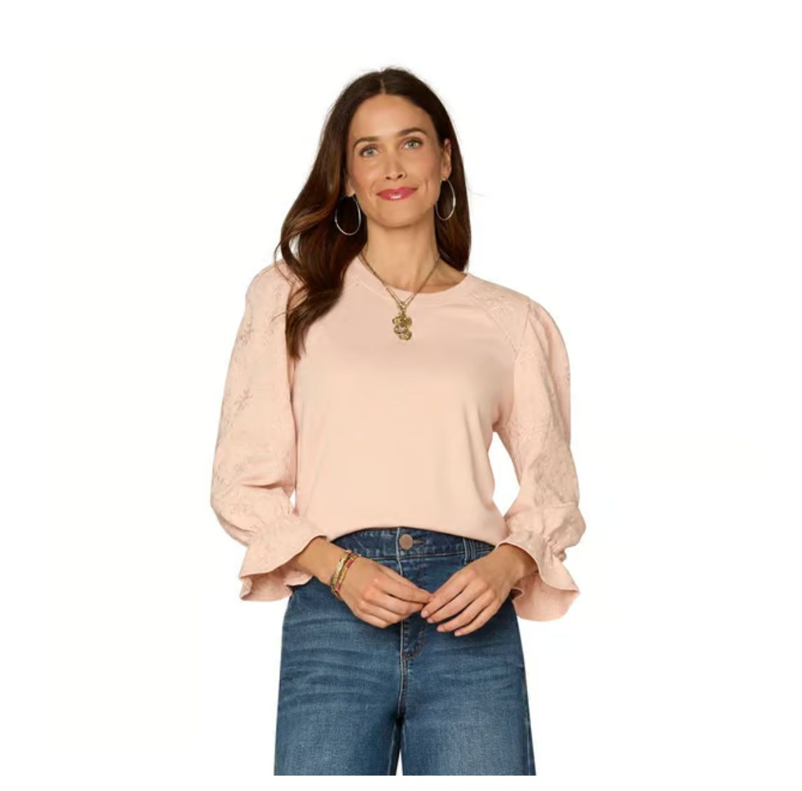 3/4 FLOUNCE SLV, SCP NK, DIE CUT EMB SWEATSHIRT