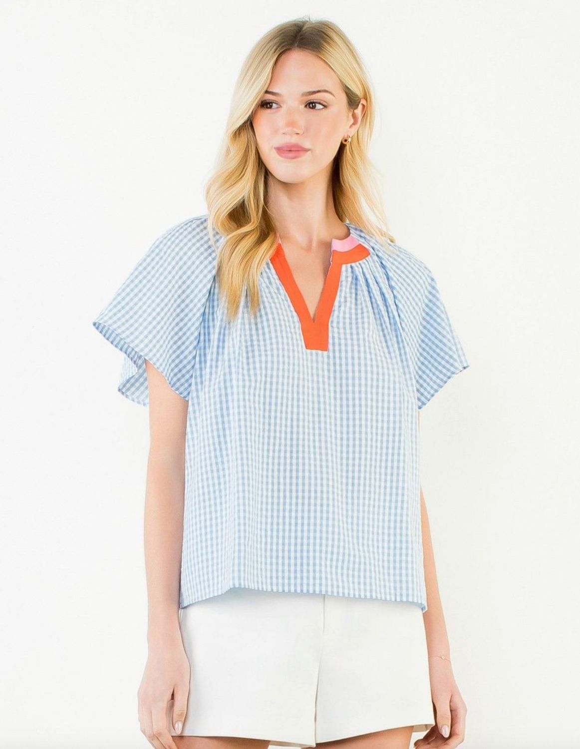 GIMGHAM PATTERN  TOP, Color: LIGHT BLUE, Size: XS