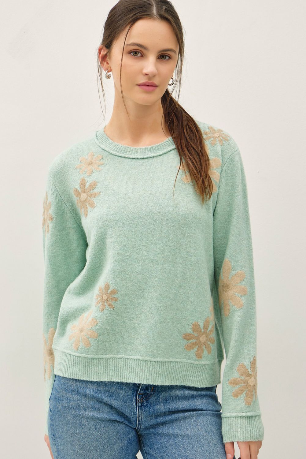 WOOL BLEND FLORAL ACCENT SWEATER