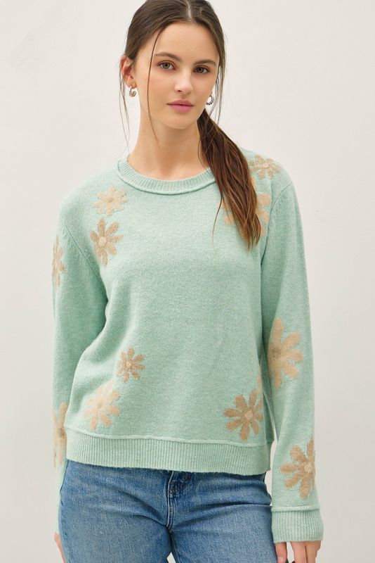 WOOL BLEND FLORAL ACCENT SWEATER