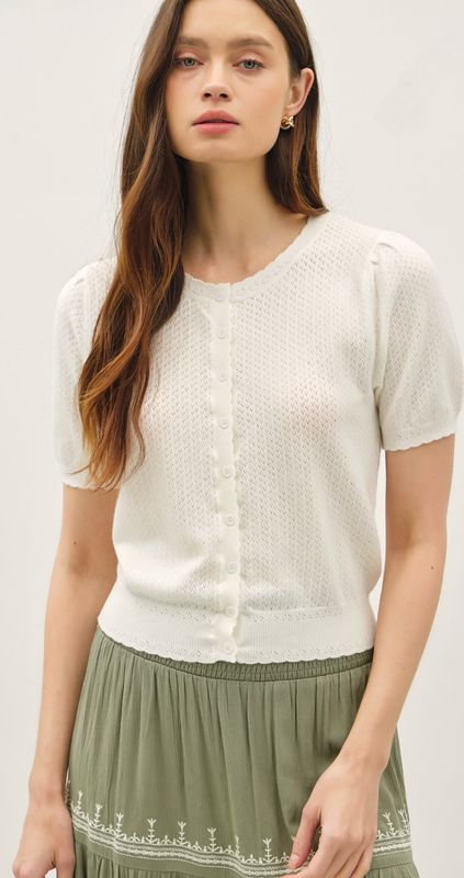 POINTELLE SHORT SLEEVE CARDIGAN