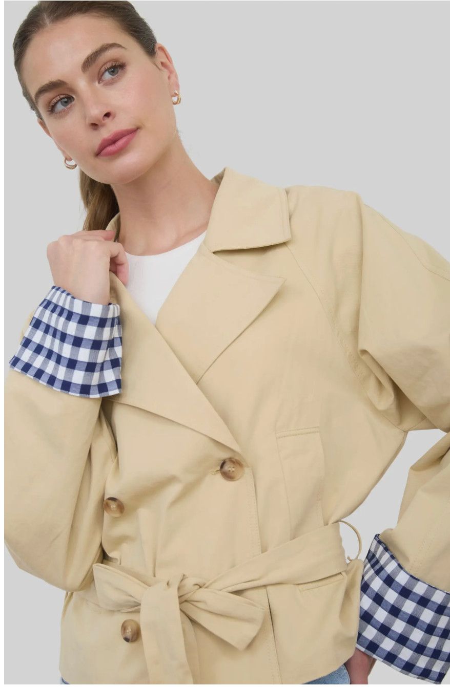 GINGHAM CUFF SHORT TRENCH COAT, Color: KHAKI, Size: XS
