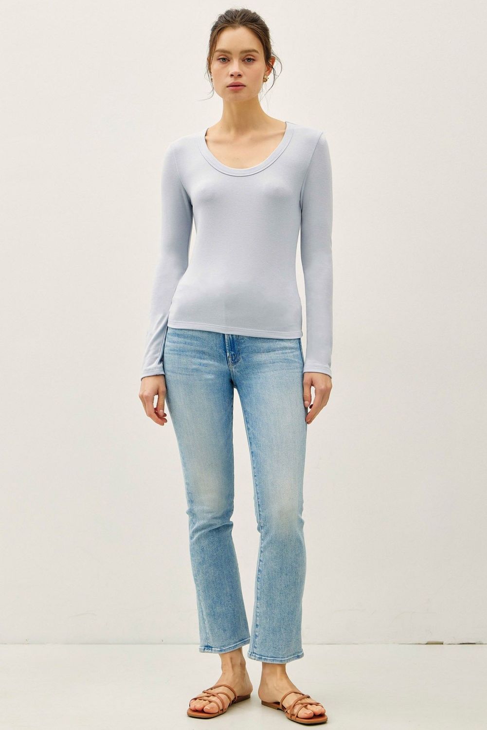 SOFT JERSEY U NECK LONG SLEEVE, Color: BABY BLUE, Size: SM