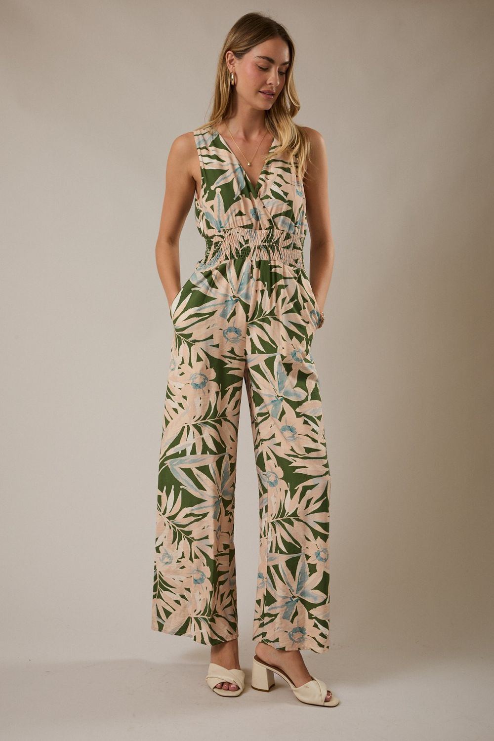 SLEEVELESS WAIST SMOCKING ABSTRACT JUMPSUIT