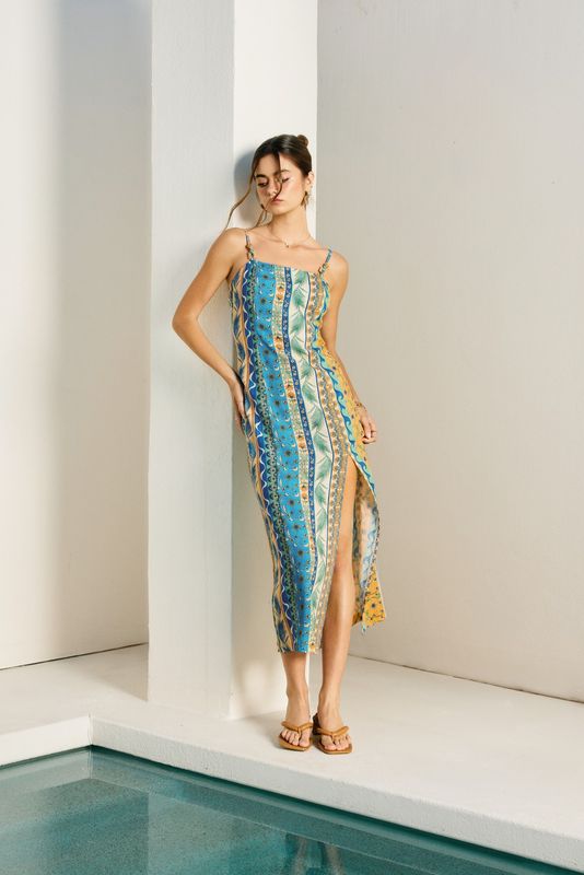 HELIOS GARDEN FRONT SLIT MIDI DRESS