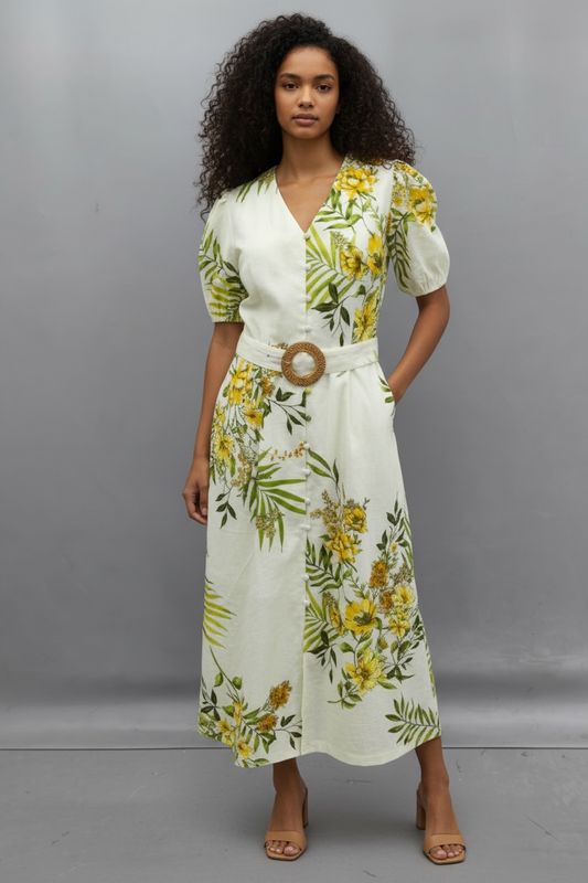 STRUCTURED FLORAL PRINTED LINEN DRESS