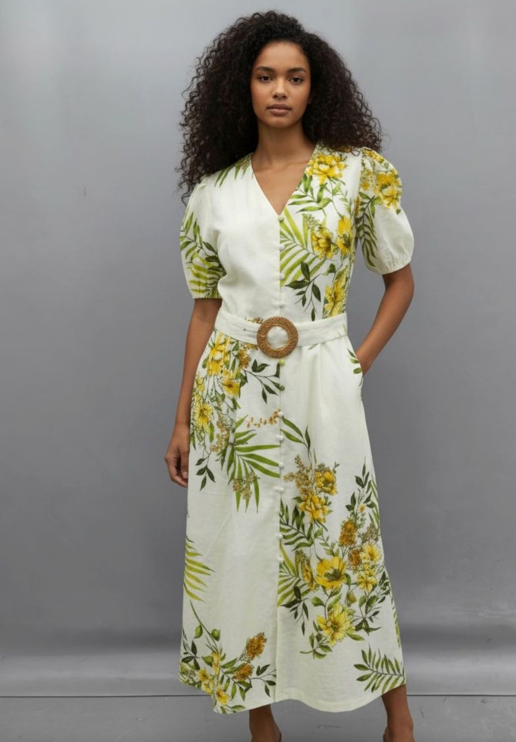 STRUCTURED FLORAL PRINTED LINEN DRESS, Color: GREEN MULTI, Size: XS