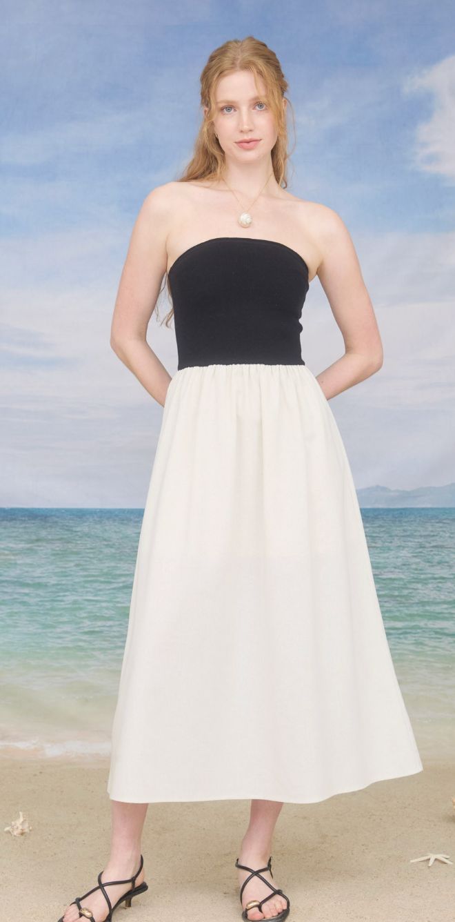 STRAPLESS MIXED MEDIA MIDI DRESS