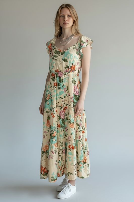 FLOWY SLEEVE FLORAL MIDI DRESS
