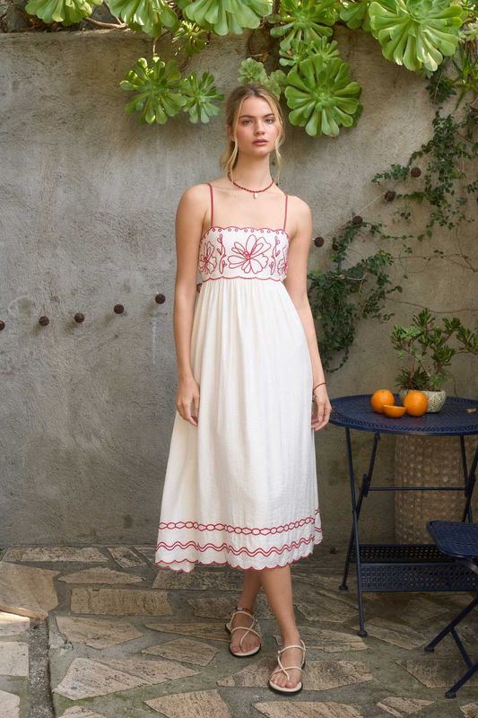 FLORAL EMBROIDERY SCALLOP MIDI