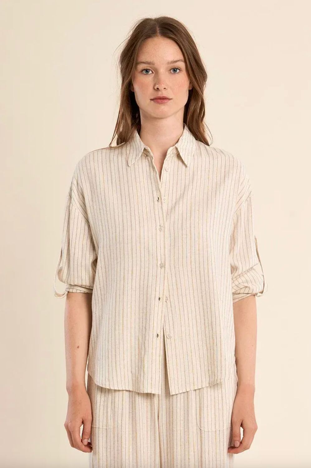 CASUAL, STRIPED SHIRT, Color: BEIGE, Size: XS