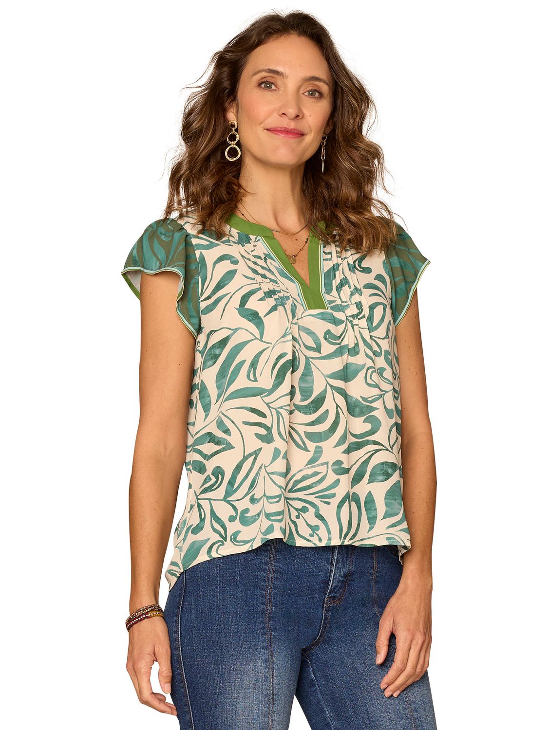 FLUTTER SLEEVE, SPLIT NECK, PINTUCK FRONT
