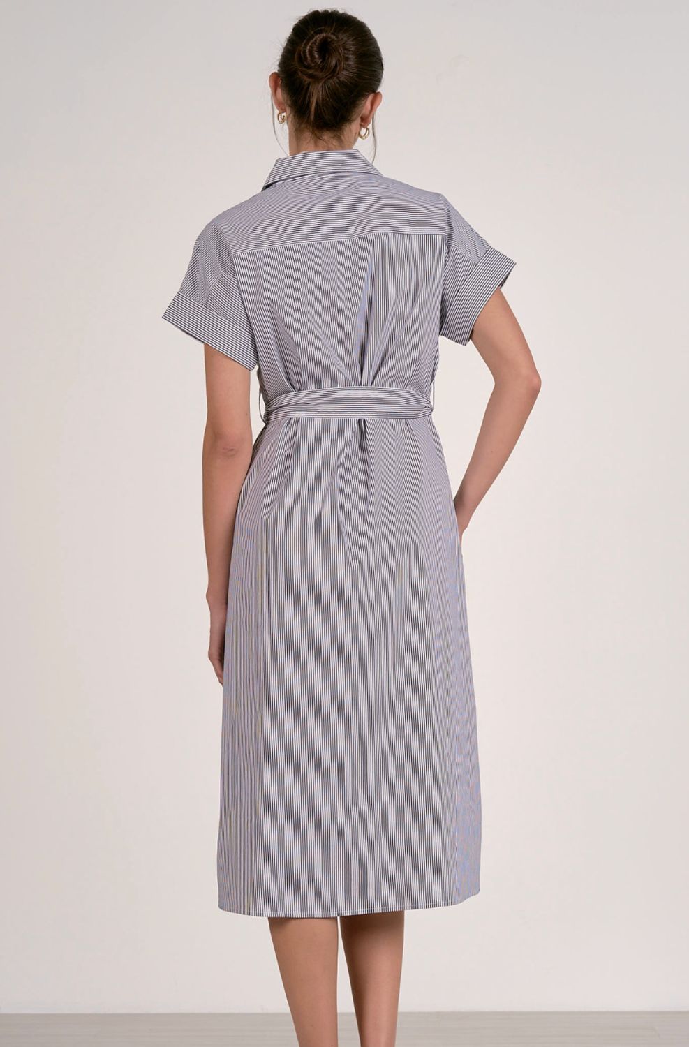 STRIPED BUTTON DOWN MIDI DRESS, Color: DK NAVY STRIPE, Size: S