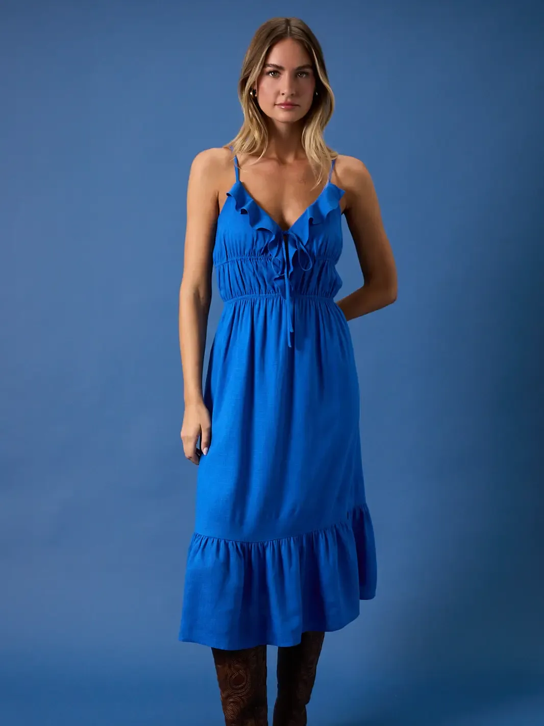 SLEEVELESS RUFFLES ON NECK LINE FIT &amp; FLARE