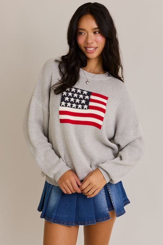 ROUND NECK OVER SIZED FLAG SWEATER