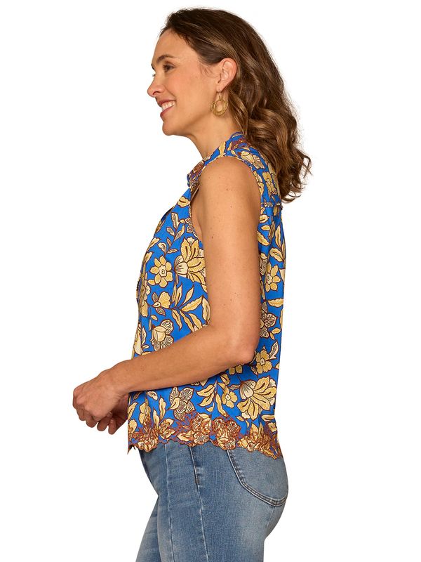 SCALLOP EDGE EMBROIDERED, PRINTED WOVEN TOP