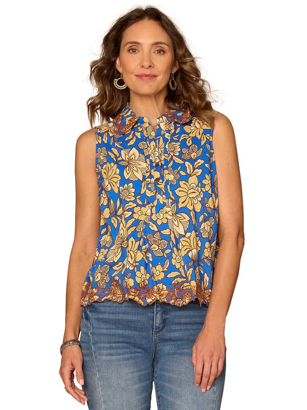 SCALLOP EDGE EMBROIDERED, PRINTED WOVEN TOP