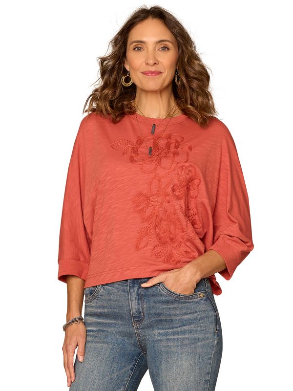 DOLMAN SLEEVE, SCOOP NECK EMBROID KNIT TOP