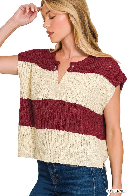 SPLIT NECK SLEEVELESS STRIPED SWEATER