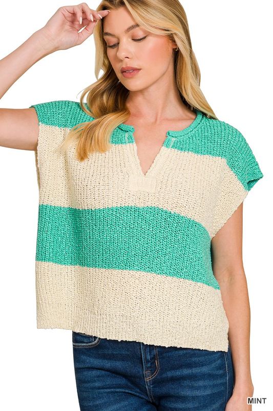 SPLIT NECK SLEEVELESS STRIPED SWEATER