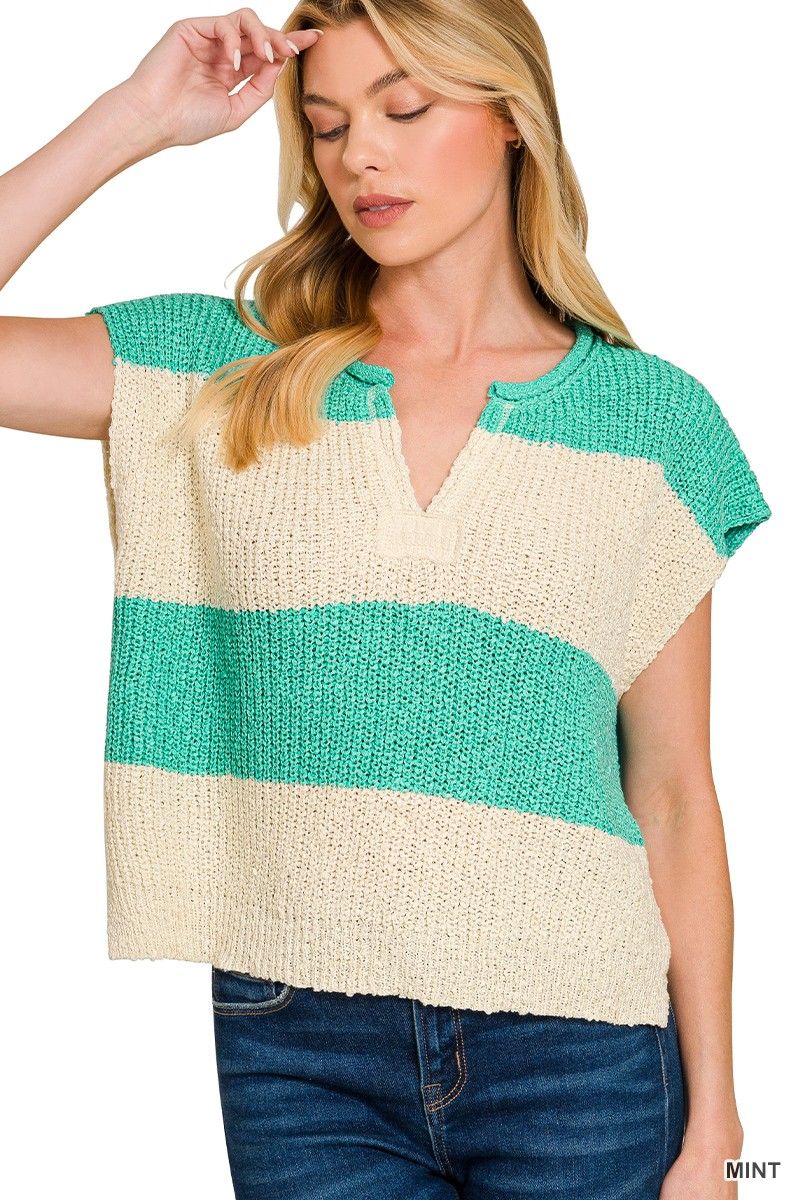 SPLIT NECK SLEEVELESS STRIPED SWEATER, Color: MINT, Size: S